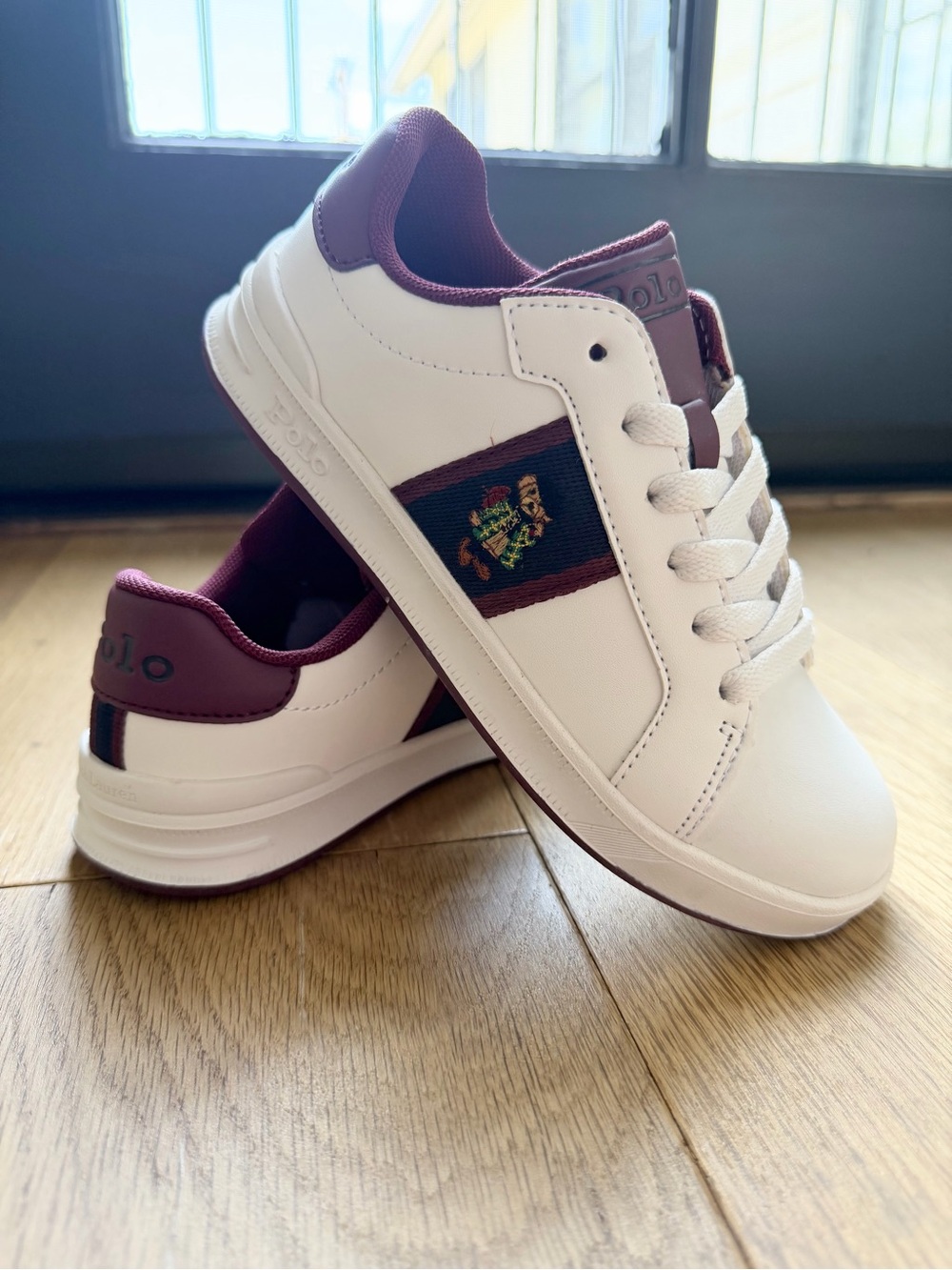 Polo by Ralph Lauren White and Burgundy Kids Crest-Trim Sneakers
